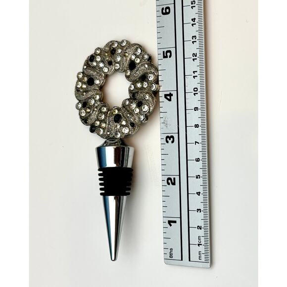 Silver Toned Black and Clear Rhinestone Wreath Wine Bottle Stopper Stocking Gift - Picture 5 of 6